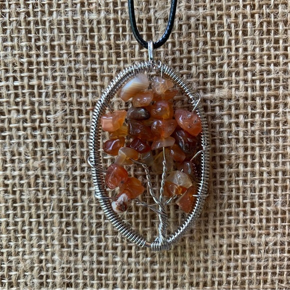 Crystal Healing Jewelry - Red Carnelian Crystal Tree of Life Wire Wrapped Pendant Necklace Adjustable Cord